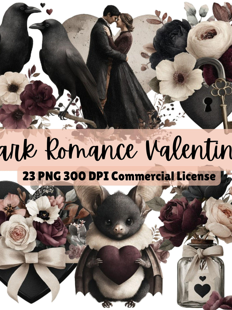 Dark Romance Valentine's Clipart Bundle, Gothic Watercolor Love PNG Set, Black Cats, Roses, Hearts, Commercial Use, Digital Download Love Romance Flower