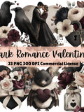 Dark Romance Valentine's Clipart Bundle, Gothic Watercolor Love PNG Set, Black Cats, Roses, Hearts, Commercial Use, Digital Download Love Romance Flower
