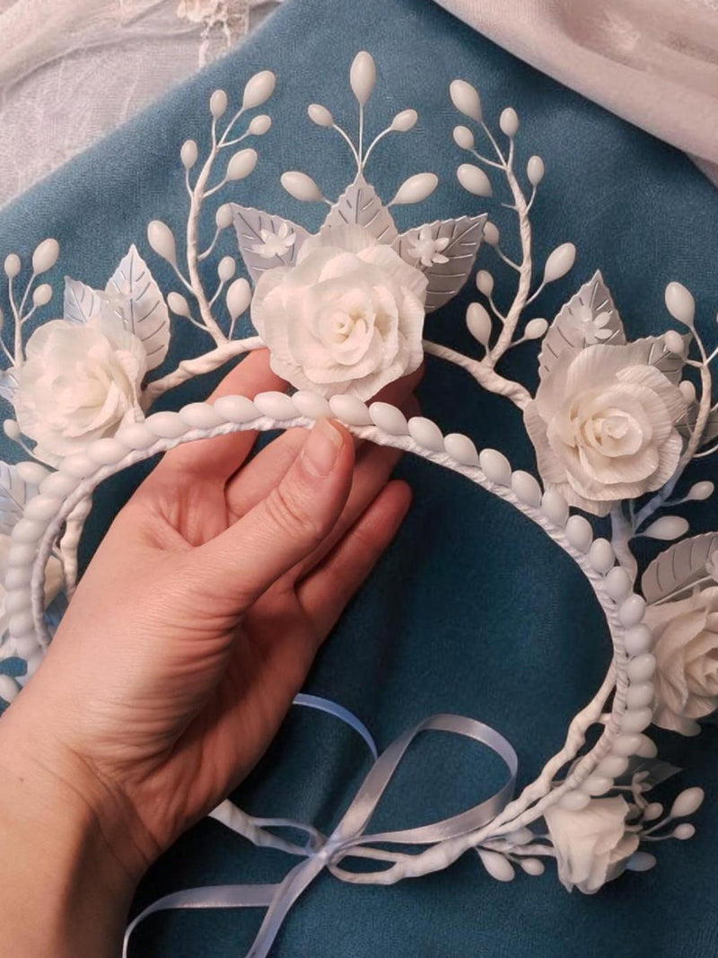 Wax Rose Crown for Wedding: Floral Bridal Tiara with Roses and Twigs wedding flower