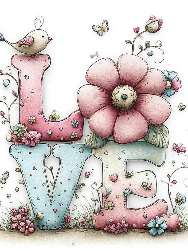 Love Clipart, Whimsical Lettering Art, Floral Pastel Birds and Blooms, Heart Letter Design, Spring Romance Illustration Love Romance Flower
