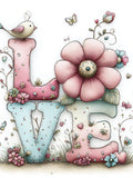 Love Clipart, Whimsical Lettering Art, Floral Pastel Birds and Blooms, Heart Letter Design, Spring Romance Illustration Love Romance Flower