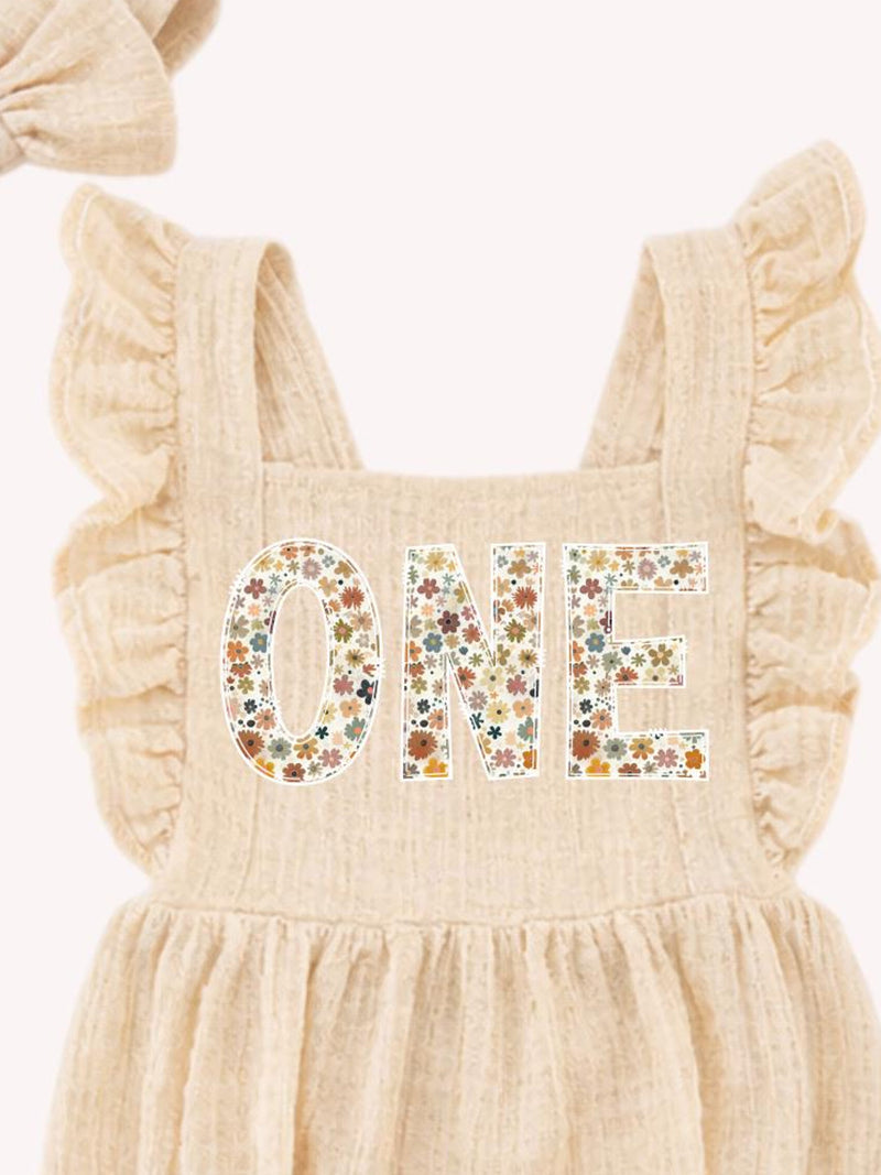 ONE Wildflower Natural Vanilla Cotton Muslin Romper 1st Birthday Girl Outfit, Cream Birthday Set Girl, Cake Smash Outfit, Boho Cotton Jumper birthday flower
