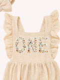 ONE Wildflower Natural Vanilla Cotton Muslin Romper 1st Birthday Girl Outfit, Cream Birthday Set Girl, Cake Smash Outfit, Boho Cotton Jumper birthday flower