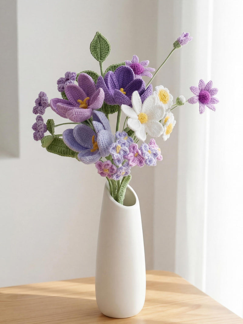 Purple Crochet Flower Bouquet, Handmade Knit Flowers, Forever Floral Arrangement, Crochet Flowers with Vase, Anniversary & Birthday Gift ANNIVERSARY