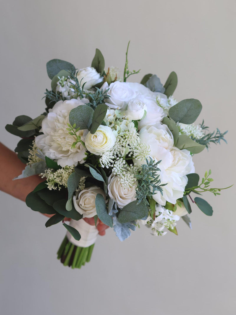 White & Sage Green Bridal Bouquet/Boutonniere: Wildflower, Real Touch Rose, Peony, Eucalyptus, Ranunculus, Baby's Breath, Boho Wedding wedding flower