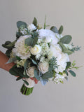 White & Sage Green Bridal Bouquet/Boutonniere: Wildflower, Real Touch Rose, Peony, Eucalyptus, Ranunculus, Baby's Breath, Boho Wedding Bouquet