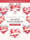 Hearts with Ribbon Clipart Pack, Watercolor Valentines Day PNG, Cute Pink Pastel Flowers, Romantic Bow, Floral Love Banner, DIY Invitation Love Romance Flower