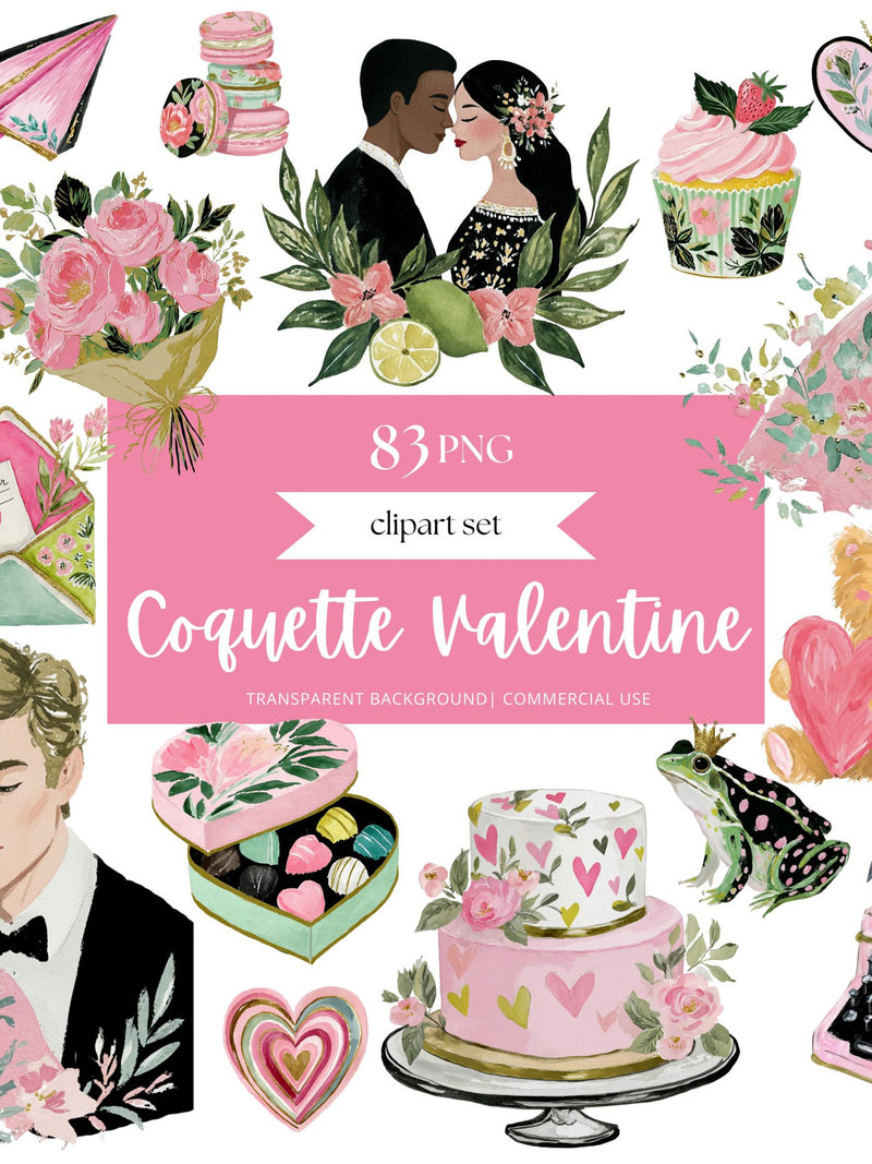 Pink Coquette Valentine Clipart Bundle, Watercolor Romantic Couple PNG, Vintage Love Letter, Cake & Bow PNGs, Wedding Invitation Graphics Love Romance Flower