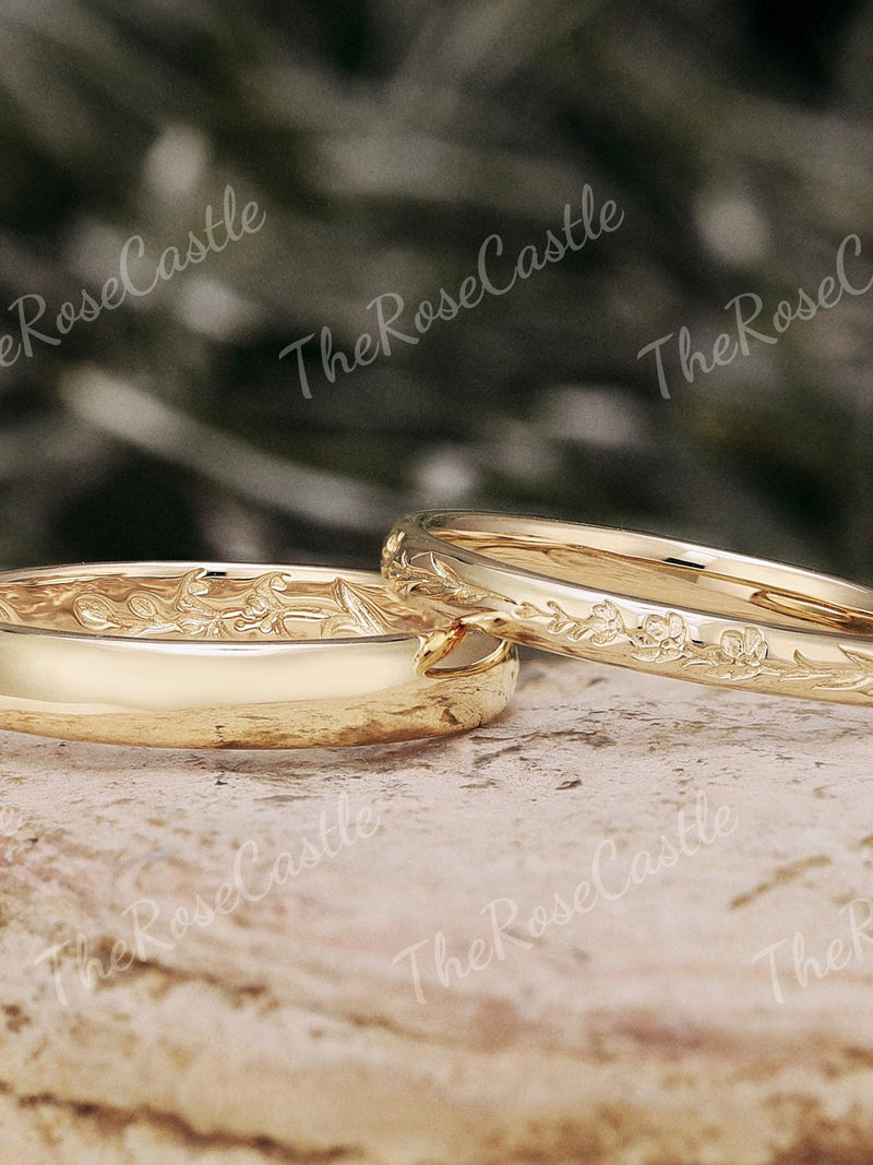 D-Shape Couple Rings Set Birth Flower Mens Wedding Band Leaf Wedding Band Couple Wedding Ring For Men and Women Anniversary Gift For Him ANNIVERSARY