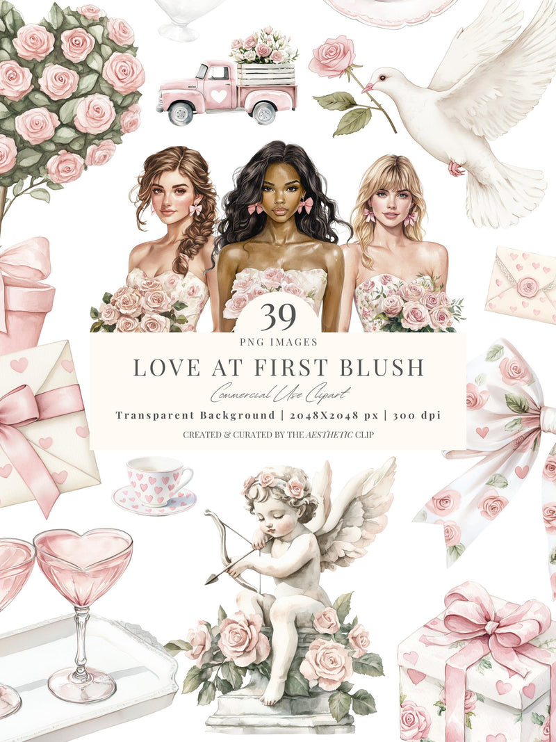 Floral Valentines Day Clipart | Pink Blush | Love Letter | Vintage Romance Clipart | 39 PNG Love Romance Flower