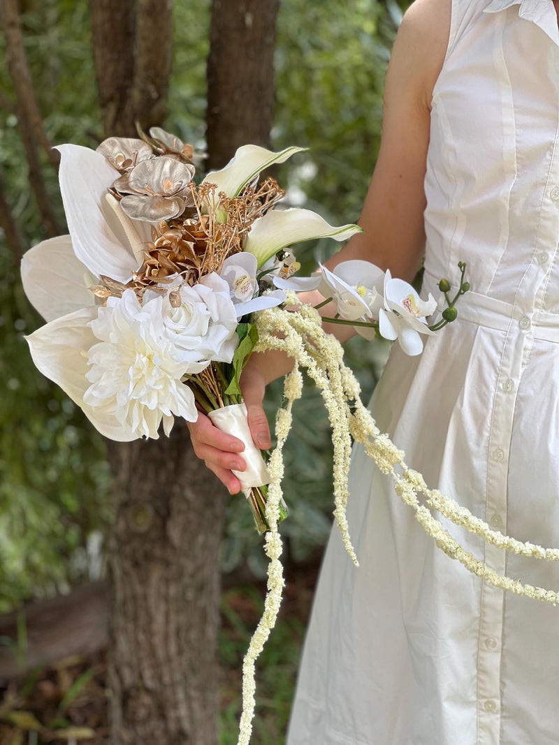 White and Gold cascading bridal bouquet, White Calla Lily, White Anthurium, White Amaranthus, White and Gold Orchid Cascading Bouquet Bouquet