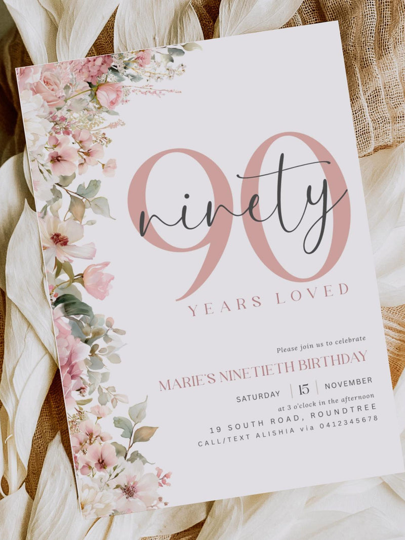 90th Birthday Invitation: Elegant Floral Ninetieth Celebration For Her (Canva Template) birthday flower