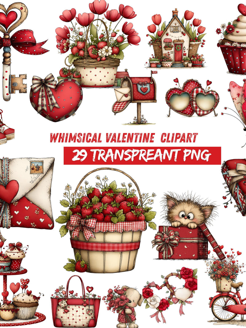 Whimsical Valentine Clipart Bundle | 29 Transparent PNG | Vintage Hearts, Flowers, Cupcakes, Love Elements | ValentineÕs Day Graphics Love Romance Flower