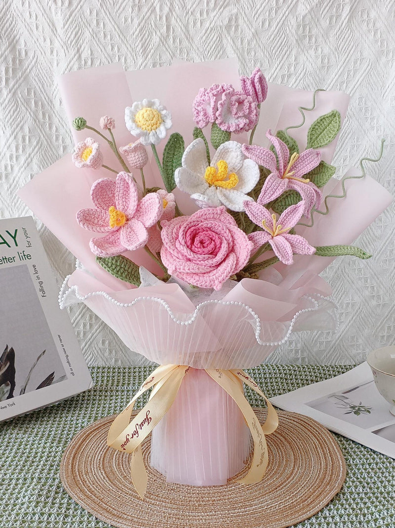 Hand-crochet bouquet, knitted pink yarn flowers, bridal bouquets, crochet roses, tulips, and irises. ANNIVERSARY