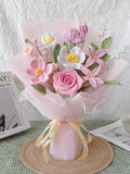 Hand-crochet bouquet, knitted pink yarn flowers, bridal bouquets, crochet roses, tulips, and irises. ANNIVERSARY