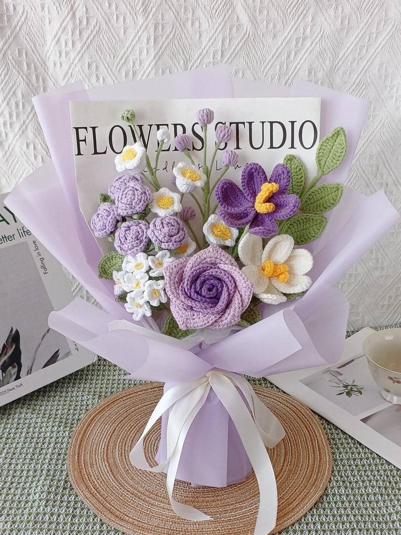 Hand-crochet bouquet, knitted purple yarn flowers, bridal bouquets, crochet roses, tulips, and lilies of the valley. ANNIVERSARY
