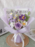 Hand-crochet bouquet, knitted purple yarn flowers, bridal bouquets, crochet roses, tulips, and lilies of the valley. ANNIVERSARY