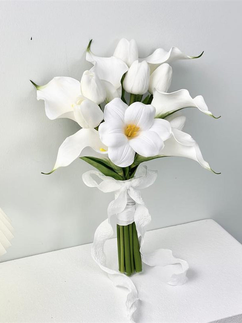 Minimalist White Calla Lily Tulip Floral Bridal Bouquet Bridesmaid Bouquets, Bouquet