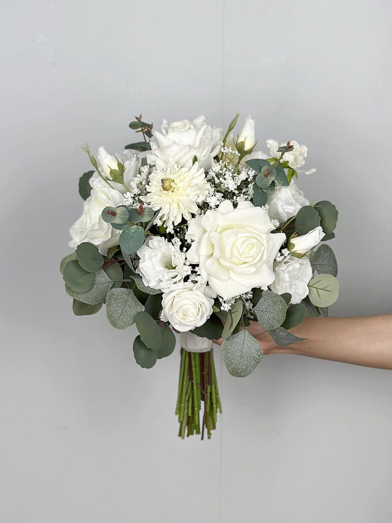 Sage and White Bridal Bouquet, Wedding White Bouquet, Boho Flower Bouquet, Design with Rose,Zinnias ,Lisianthus,Baby's Breath and Eucalyptus wedding flower