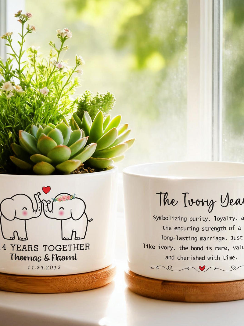 14th Ivory Wedding Anniversary Plant Pot, Personalized The Ivory Year Pot for Wife, 14th Wedding Anniversary Gift for Couple, Elephants Pot ANNIVERSARY
