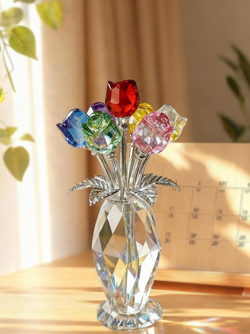 Crystal Rose Flower Ornament, Glass Rose Bouquet Decor, Handmade Crystal Glass Flower Gift for Mom, Anniversary, Birthday, ValentineÕs Day ANNIVERSARY