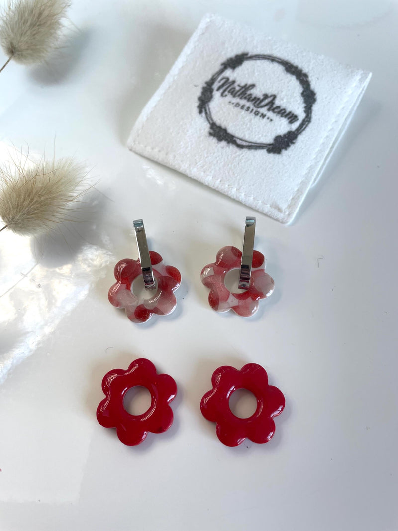 SO RED duo box with tassels and new silver oval hoop earrings - varnished polymer clay flower tassels - red, gold and mother-of-pearl - Valentine Time Love Romance Flower