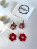 SO RED duo box with tassels and new silver oval hoop earrings - varnished polymer clay flower tassels - red, gold and mother-of-pearl - Valentine Time Love Romance Flower
