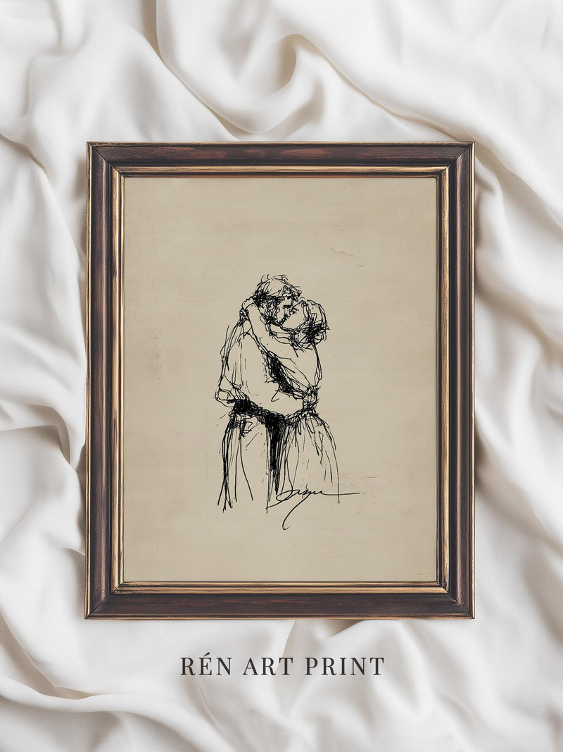 Vintage Valentine Sketch Print | Neutral Love Wall Art | Romantic Couple Drawing | Printable Digital Download Love Romance Flower