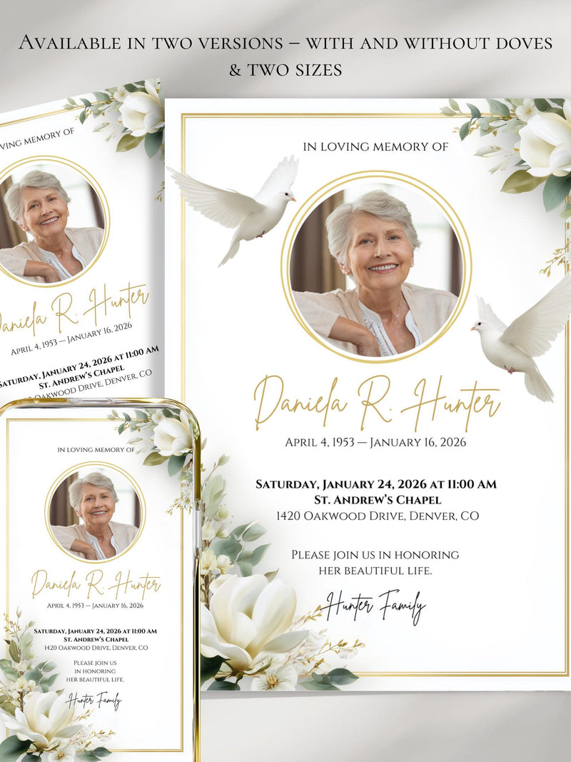 Funeral Invitation Template, Editable Memorial Announcement with Photo, Floral & Dove Design, Canva Obituary Death Card, Custom E-vite sympathy flower