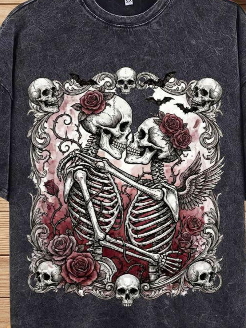 Gothic Skeleton Couple Png, Til Death Do Us Part Sublimation Png, Skull Lovers Kissing with Roses Png, Dark Romance Valentine Shirt Png Love Romance Flower