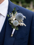 Dried Blue Thistle Eucalyptus Wedding Boutonniere:Rustic Boho Buttonhole for Groom & Groomsmen wedding flower