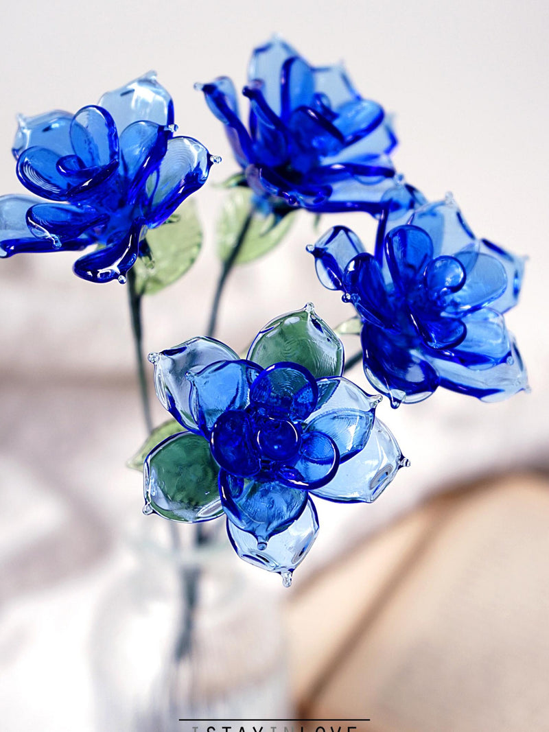 Glass Birth Flowers, Birth Month Flower Bouquet, Handmade Birthday Gift, Valentine's Day, Red Rose, Blue Rose, Mother's Day Gift ANNIVERSARY
