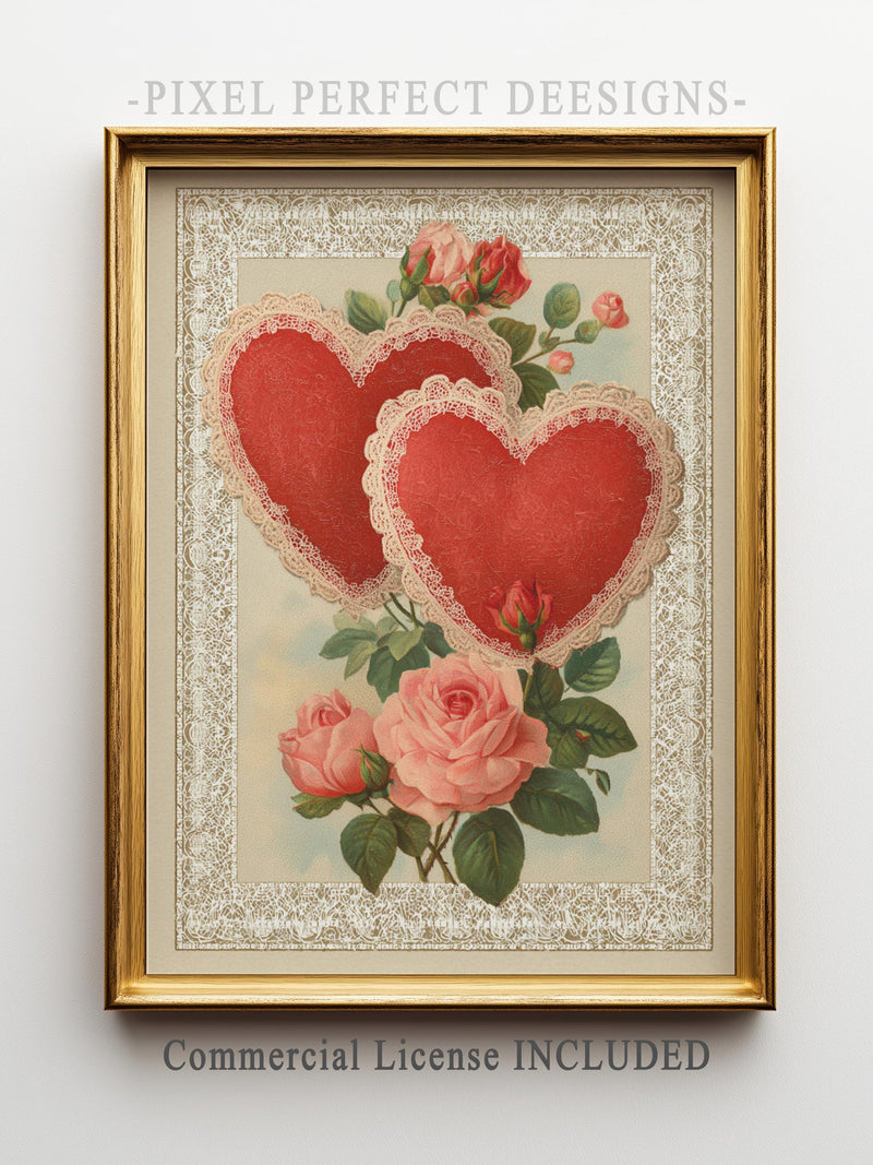 Vintage Romantic Valentine's Day Printable Art - Nostalgic Red Hearts and Pink Roses, Victorian Antique Postcard Style, Digital Download 251 Love Romance Flower