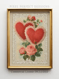 Vintage Romantic Valentine's Day Printable Art - Nostalgic Red Hearts and Pink Roses, Victorian Antique Postcard Style, Digital Download 251 Love Romance Flower
