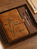 Engraved Birth Flower Leather Journal, Personalized Name Notebook Set, Graduation Gifts for Her birthday flower