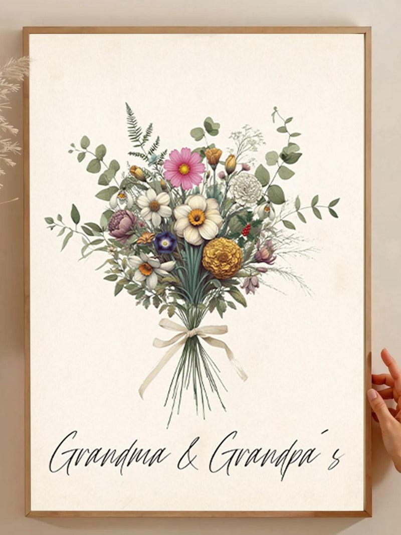 Birth flower bouquet gift card art in frame, botanical bouquet with ribbon, text 'Grandma & Grandpa's'