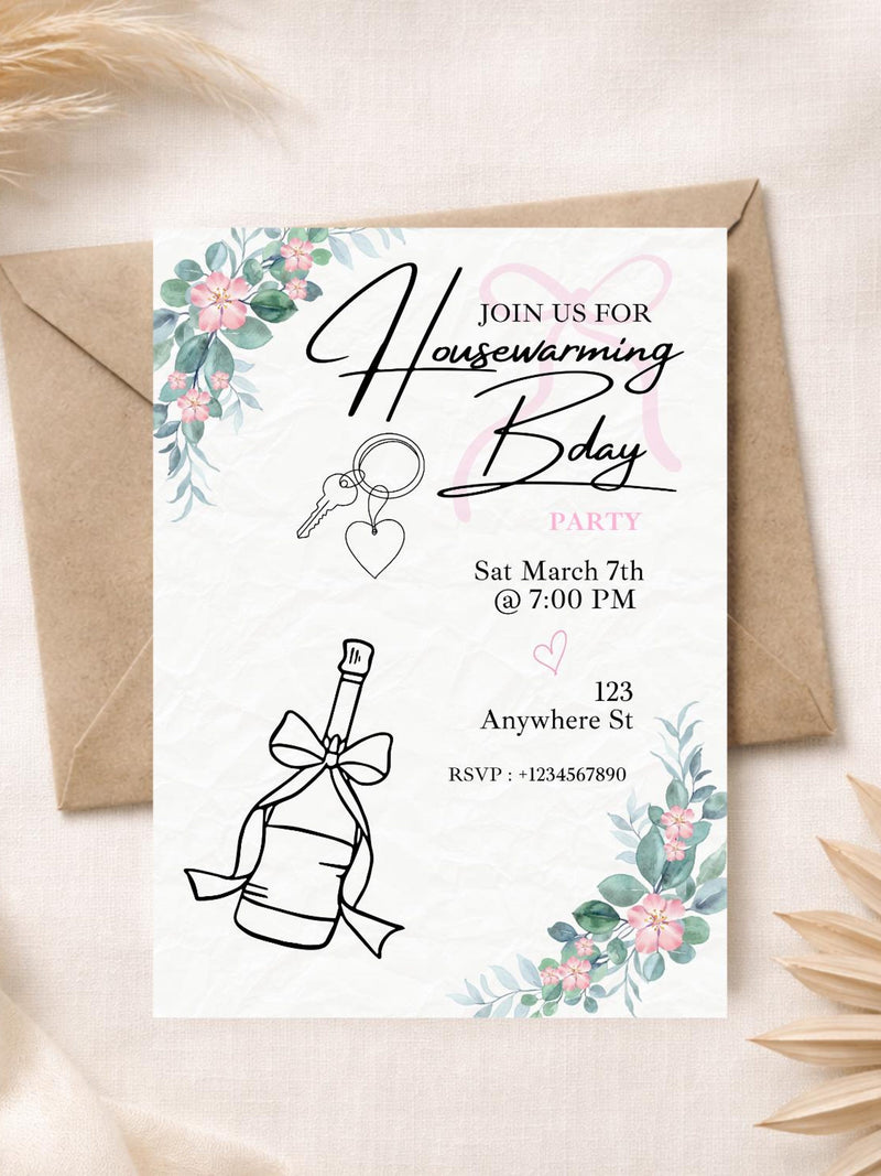 Floral Housewarming Party Invitation Template | Editable Canva Invite | New Home Digital Printable | Pink Floral Greenery house warming flower