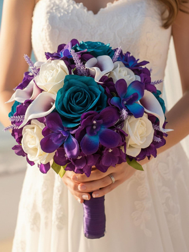 Teal Rose & Galaxy Orchid Wedding Prom Bridal Bouquet - Add Corsage Boutonniere Flower Crown More Bouquet