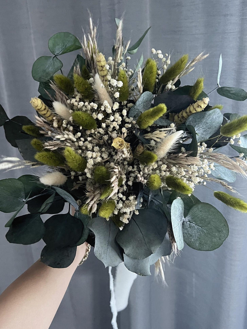 Green Dried Flower Bridal Bouquet, Eucalyptus Wedding Bouquet, Ivory Boho Rustic Preserved Flower Bouquet Bouquet
