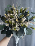 Green Dried Flower Bridal Bouquet, Eucalyptus Wedding Bouquet, Ivory Boho Rustic Preserved Flower Bouquet Bouquet