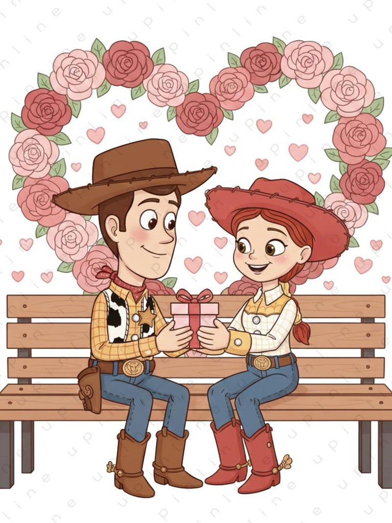 Woody and Jessie Valentine Illustration | Toy Story Inspired Romantic Couple Art | Heart Flower Scene | Valentine Gift ,Digital Download PNG Love Romance Flower