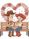 Woody and Jessie Valentine Illustration | Toy Story Inspired Romantic Couple Art | Heart Flower Scene | Valentine Gift ,Digital Download PNG Love Romance Flower