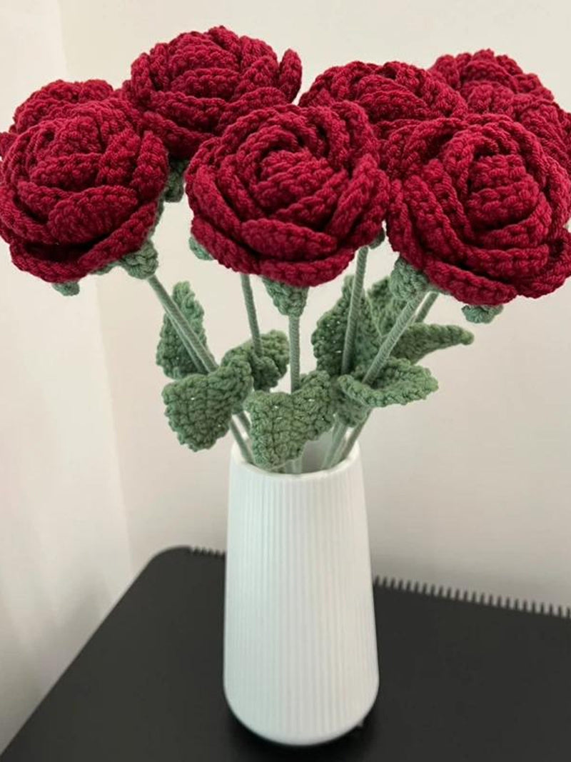 Crochet Flower Single Knitted Rose Bouquet Decorative Flower for Wedding Home Table Dining Decor Valentin day Gift ANNIVERSARY