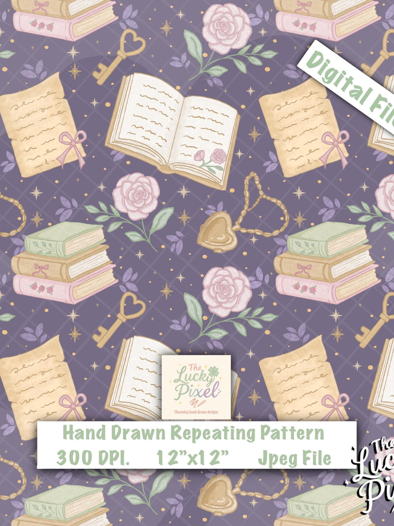 Romantasy bookish Seamless Pattern digital file download. Romantic book lover surface design. Valentines night stars roses book club pattern Love Romance Flower
