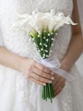 White Calla Lily Bridal Bouquet with Pearl Ribbon & Boutonniere Bouquet