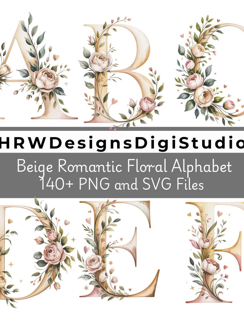 Romantic Floral Alphabet PNG SVG, Valentine Love Letters Clipart, Elegant Botanical Monogram Letters Love Romance Flower