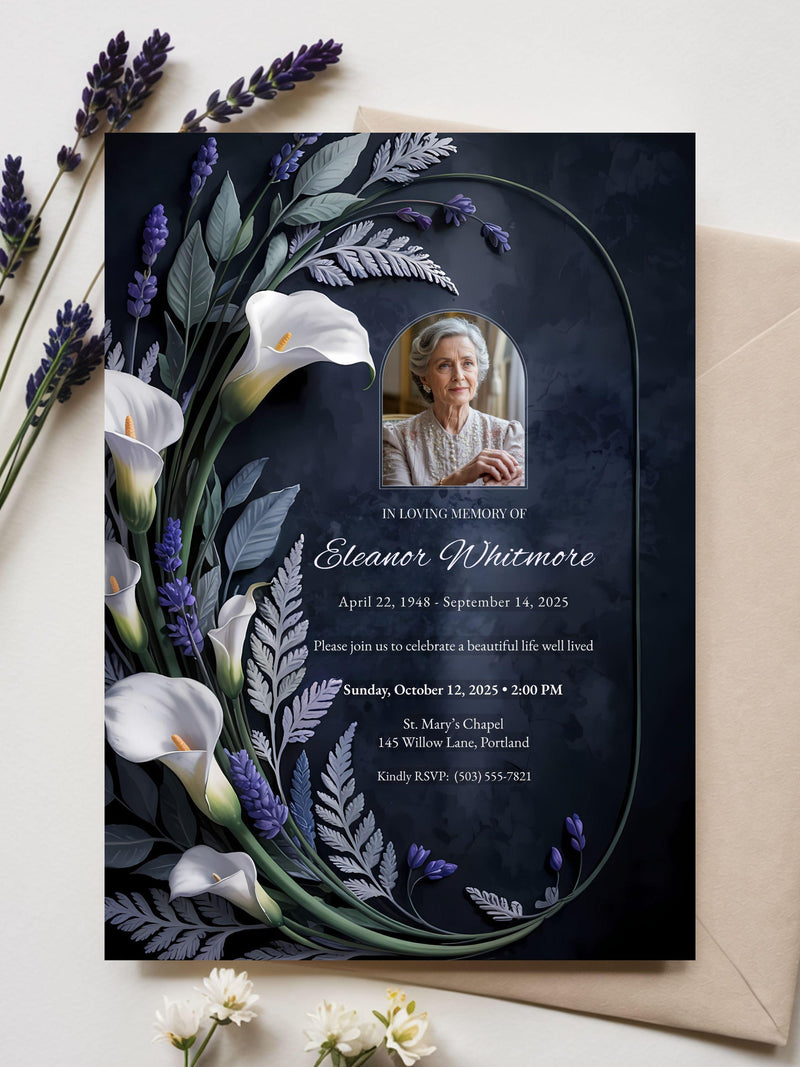 Memorial Invitation Template, Celebration of Life Card, Editable Canva Invitation with Photo, Elegant Floral Sympathy Design, Printable 5x7 sympathy flower