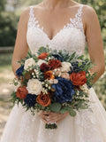 Rust orange navy blue wedding bouquet, terracotta Bridesmaid bouquet, faux wedding bouquet, terracotta ivory navy bouquet wedding flower