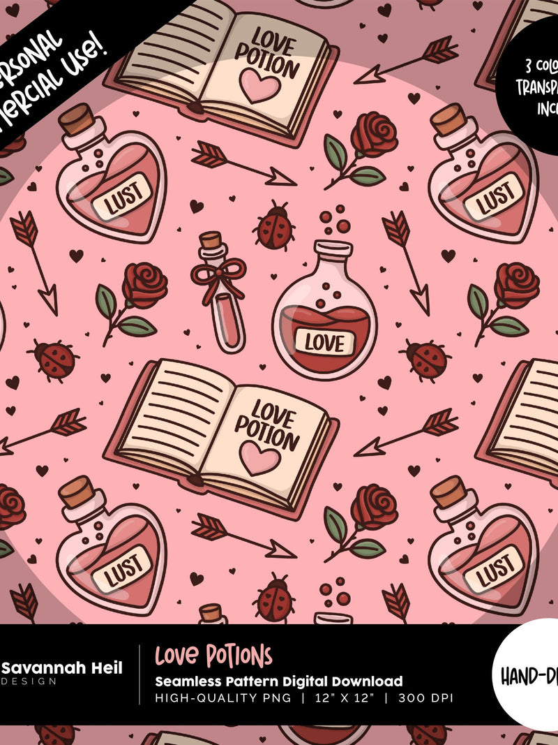 Love Potions Seamless Pattern: Hand-Drawn Romantic Valentine's Day Motifs | 300 DPI Repeating PNG Digital Design Love Romance Flower