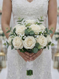 White Rose Bridal Bouquet with Eucalyptus and Baby's Breath, Artificial Wedding Flowers, Classic Bride Bouquet, Real Touch Bouquet